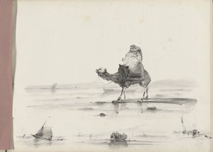 Mann, der auf einem Kamel entlang einer Küste reitet von Albertus van Beest