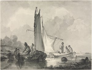 Flusslandschaft mit Fischer und drei Booten von Albertus van Beest