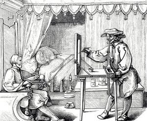Holzschnittgravur, die einen Künstler zeigt, der ein Zeichenhilfsmittel verwendet, um die Proportionen eines Porträts korrekt zu erfassen. Gravur von Albrecht Dürer (1471-1528) von Albrecht (after) Durer or Duerer
