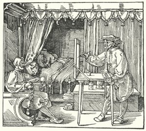 Methode zur Herstellung eines Maßstabsbildes durch Markieren der Umrisse des Objekts auf einer Glasscheibe von Albrecht (after) Durer or Duerer