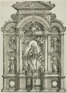 Altarbild mit der Schönen Madonna von Regensburg und den Heiligen Christophorus, Maria Magdalena, Florian und Katharina in Nischen, mit Gottvater darüber