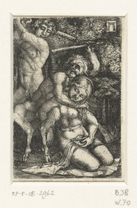 Satyr und ein Mann kämpfen um eine Frau