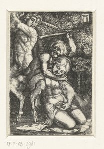 Satyr und ein Mann kämpfen um eine Frau