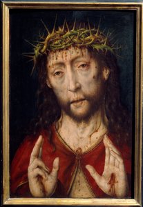 Christus der Schmerzen. Gesicht Christi mit blutigen Wunden durch die Dornenkrone und Stigmata in den Handflächen. Gemälde von Albrecht Bouts (ca. 1455-1549) von Albrecht Bouts