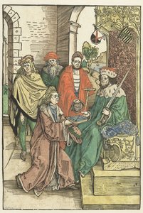 Conrad Celtis bietet Friedrich III. dem Weisen, Kurfürst von Sachsen, ein Buch mit dem Werk von Roswitha von Gandersheim an