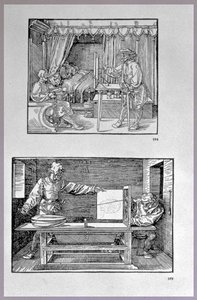 Apparat zur Übersetzung dreidimensionaler Objekte in zweidimensionale Zeichnungen, zwei Szenen aus dem ersten technischen Buch des Künstlers Einführung in die Kunst der Messung mit Kompass und Lineal