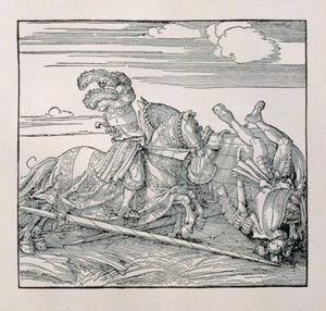 Kaiser Maximilian I. von Deutschland (1459-1519) stößt einen Gegner in einem Turnier vom Pferd, aus einem unveröffentlichten Buch, das die ritterlichen Taten des Kaisers verherrlicht, ca. 1515 von Albrecht Dürer