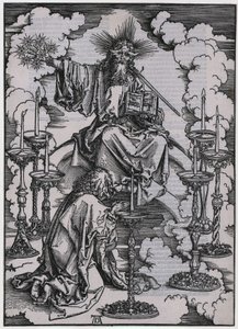 Johannes erblickt die sieben Leuchter, I. Figur, Blatt 3 der Folge "Die Apokalypse" von Albrecht Dürer