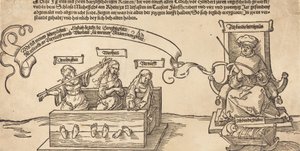 Gerechtigkeit, Wahrheit und Vernunft im Block mit dem sitzenden Richter und schlafender Frömmigkeit, wahrscheinlich 1526 von Albrecht Dürer