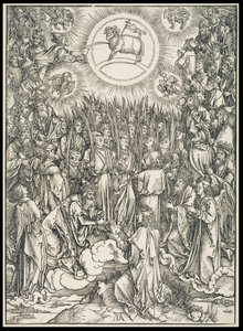Lobgesang der Auserwählten / Anbetung des Lammes, aus der Folge der Apokalypse, Urausgabe Latein 1498 von Albrecht Dürer