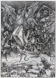 Michaels Kampf mit dem Drachen, X. Figur, Blatt 12 der Folge "Die Apokalypse" von Albrecht Dürer