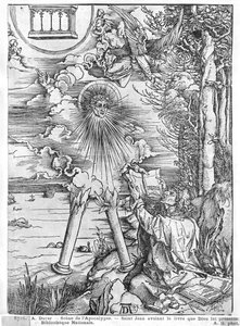 Szene aus der Apokalypse, St. Johannes verschlingt das Buch, lateinische Ausgabe, 1511