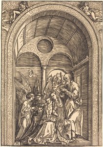 Die Heilige Familie mit zwei Engeln in einer gewölbten Halle von Albrecht Dürer