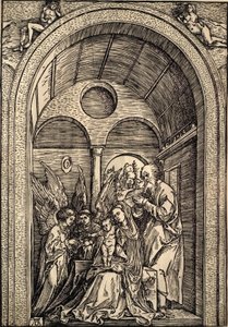 Die Heilige Familie mit zwei Engeln in einer gewölbten Halle von Albrecht Dürer