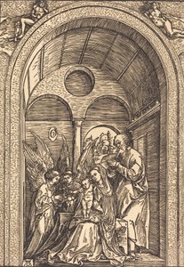 Die Heilige Familie mit zwei Engeln in einer gewölbten Halle, ca. 1504 von Albrecht Dürer