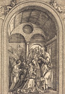 Die Heilige Familie mit zwei Engeln in einer gewölbten Halle, ca. 1504 von Albrecht Dürer