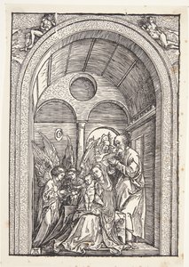 Die Heilige Familie mit zwei Engeln in einer gewölbten Halle von Albrecht Dürer