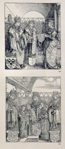 Der Triumphbogen von Kaiser Maximilian I. (1459-1519): Detail, das zwei Tafeln über dem linken Portal zeigt, die Ereignisse im Leben von Kaiser Maximilian darstellen, veröffentlicht 1517-28
