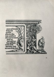 Der Triumphbogen von Kaiser Maximilian I. von Deutschland: Detail eines Hirschfells mit einer Inschrift, die die Familienverbindungen des Kaisers lobt, mit einem Schlappohr-Ziegenbock, Symbol für scharfes Gehör, 1517-18