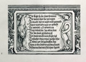 Der Triumphbogen von Kaiser Maximilian I. von Deutschland: Detail eines Löwenfells mit einer Inschrift, die die Familienverbindungen des Kaisers lobt, 1517-18