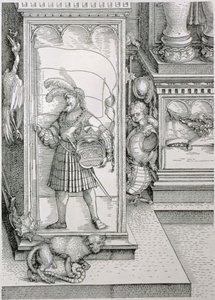 Der Triumphbogen von Kaiser Maximilian I. von Deutschland: Detail der Portalbasis mit einem geschnitzten Relief einer männlichen Figur, die ein Banner und ein gekröntes Wappen trägt, 1517-18