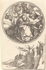 Die Jungfrau, von zwei Engeln über einer Landschaft gekrönt von Albrecht Dürer