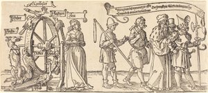 Zeit und ein Fuchs drehen das Rad des Schicksals mit Menschen aller Ränge rechts