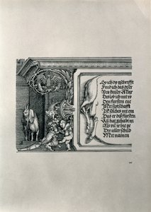 Der Triumphbogen von Kaiser Maximilian I. von Deutschland: Detail eines Hirschfells mit einer Inschrift, die die Familienverbindungen des Kaisers lobt, mit einem Schlappohr-Ziegenbock, Symbol für scharfes Gehör