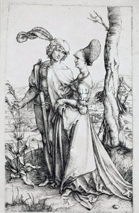 Ein Paar spaziert, beobachtet vom Tod, der sich hinter einem Baum versteckt und eine Sanduhr hält. Gravur von Albrecht Dürer (1471-1528) 1496-1498. Berlin, Kupferstichkabinett