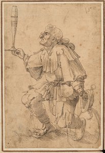 Ein grotesker Mann kniet und hält ein hohes Bierglas am Boden von Albrecht Dürer