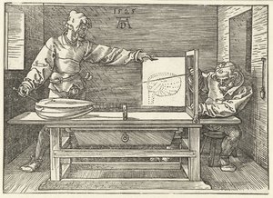 Künstler zeichnet eine Laute von Albrecht Dürer or Duerer