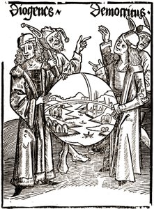 Diogenes (-413 - -327) und Demokrit (-460 - -370) - in „Das Narrenschiff“ von Sebastian Brant (1458 - 1521). Gravur.
