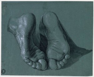Studie von zwei Füßen - Zeichnung von Albrecht Dürer (1471-1528), Aquarell, weiße Farbe, schwarze Kreide auf Papier, ca. 1508 (17,6x21,6 cm) - Museum Boijmans Van Beuningen, Rotterdam