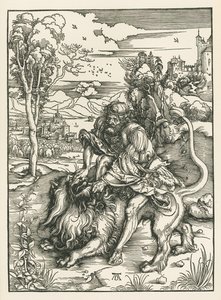 Samson tötet den Löwen, um 1497-98 (Holzschnitt) von Albrecht Dürer or Duerer