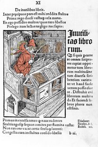 Gelehrter in seinem Büro. Er trägt eine Brille. Xylographie von Dürer in „das Narrenschiff“ von Sebastiano Brandt von Albrecht Dürer