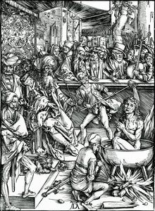 Der heilige Johannes der Evangelist wird in einem Kessel mit kochendem Öl gefoltert, aus der 