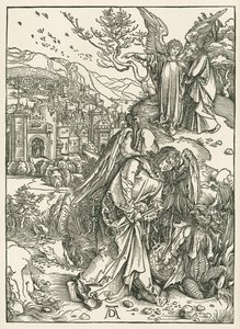 Der Engel mit dem Schlüssel wirft den Drachen in den Abgrund und ein anderer Engel zeigt dem Heiligen Johannes das Neue Jerusalem von Albrecht Dürer or Duerer