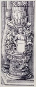 Der Triumphbogen von Kaiser Maximilian I. von Deutschland (1459-1519): Detail der zentralen Tore der Ehre und Macht, linke Säulenbasis verziert mit Bändern aus Laub und geflügelten weiblichen Greifen, datiert 1515, veröffentlicht 1517/18 (Holzschnitt) von Albrecht Dürer