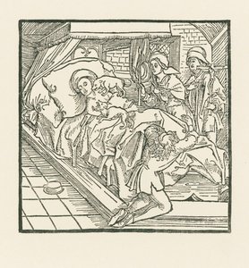 Die edle Dame, die ihre Hunde so gut fütterte, aber die Armen verhungern ließ, wird nach ihrem Tod von den Hunden geleckt, bis sie schwarz wie Kohle wird von Albrecht Dürer or Duerer