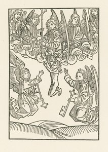 Die sieben Engel mit einem Kreuz und den sechs Schlüsseln, mit denen sie den Himmel zu den sechs Werken der Barmherzigkeit öffneten, empfangen eine Seele im Himmel von Albrecht Dürer or Duerer