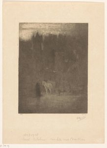 Figur und zwei Pferde bei einem Schloss im Nebel von Albrecht Felix Reicher (signed by artist)