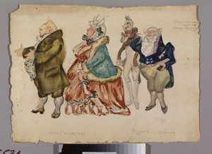 Verschiedene männliche und weibliche Kostüme. Kostümprojekt für die Oper "Eugen Onegin" von Aleksandr Aleksandrovich Osmerkin