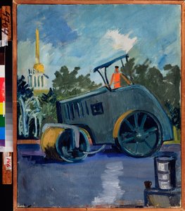 Die Asphaltierung. (Eine Maschine trägt Asphalt auf eine Straße auf). Gemälde von Alexander Isaakovich Rusakov (1898-1952), Öl auf Leinwand von Aleksandr Isaakovich Rusakov