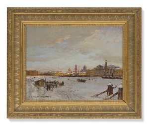 Blick über die gefrorene Newa, die Rostra-Säulen, die Isaakskathedrale und die Admiralität, St. Petersburg