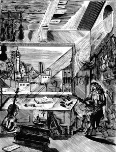 Italienischer Musikinstrumentenbauer Antonio Stradivari in seiner Werkstatt, 1926