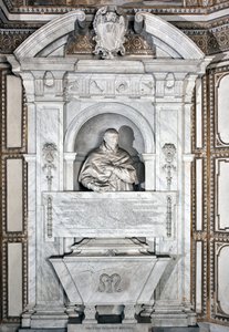 Grabdenkmal zu Ehren von Kardinal Giovanni Garcia Mellini mit Porträtbüste. Marmorskulptur von Alessandro Algardi (1598-1654) um 1630, Rom, Basilika Santa Maria del Popolo, Cappella Mellini von Alessandro Algardi