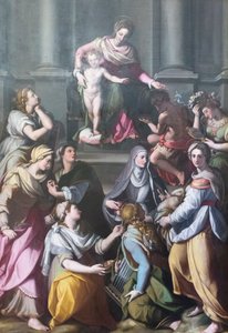 Madonna auf dem Thron mit Kind, umgeben von Heiligen und Figuren von Alessandro Allori