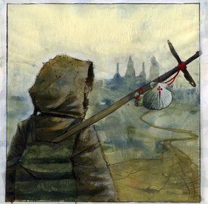 Ein Pilger auf dem Weg nach Santiago de Compostela mit dem Muschelsymbol des Heiligen Jakobus, Spanien - Illustration von Alessandro Lonati von Alessandro Lonati