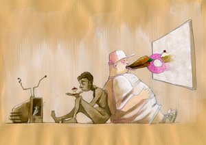 Allegorische Darstellung unserer gemeinsamen Gesellschaft als Konsumgesellschaft, übertrieben als junger westlicher Fettleibiger, der Fast Food (Junk Food) vor einem riesigen Bildschirm verschlingt, neben einem verhungernden Mann, der verzweifelt auf einen von Alessandro Lonati