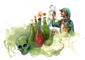 Ein Alchemist in seinem Labor, umgeben von Fläschchen und Destillierkolben, untersucht den Inhalt eines Fläschchens